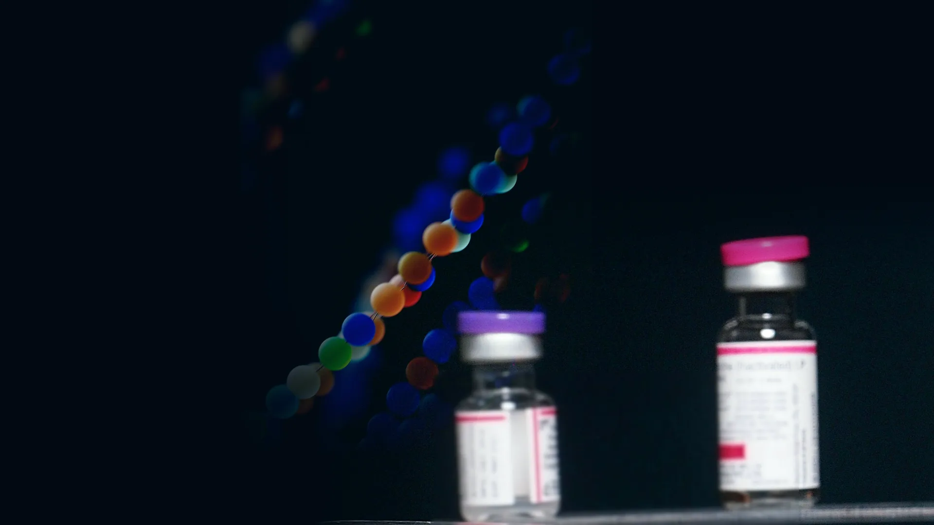 Peptide vials beside glowing amino acid chains, peptide payment processing by Niche Payments